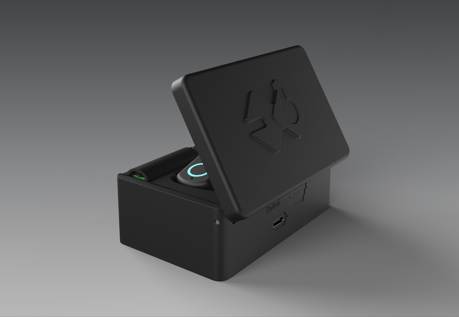 The QuickComm charging dock open with its lid raised, the Earpiece seated inside with its status ring lit, and the USB-C port on the side