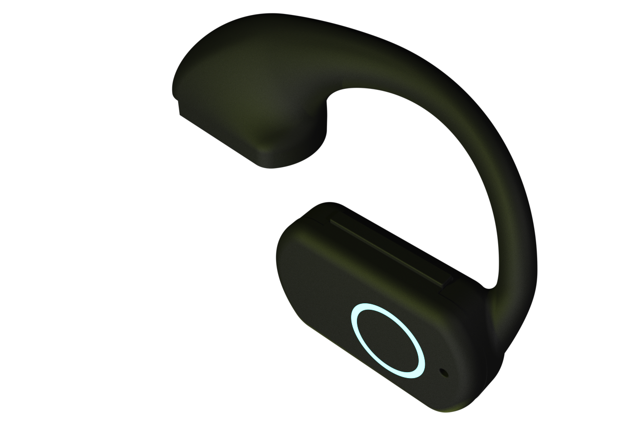 QuickComm Earpiece three-quarter view with the status indicator lit