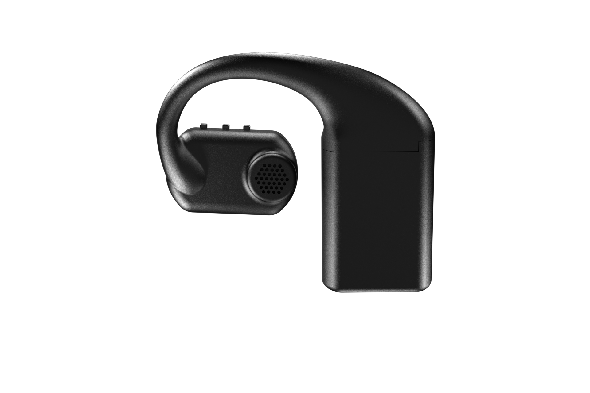 QuickComm Earpiece speaker side with a battery pack attached