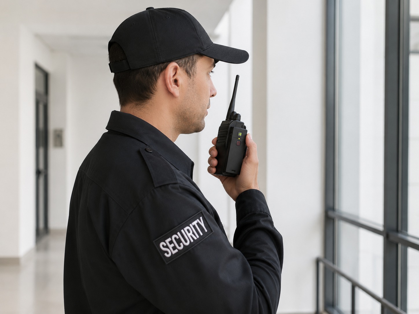 A security officer speaking into a handheld two-way radio