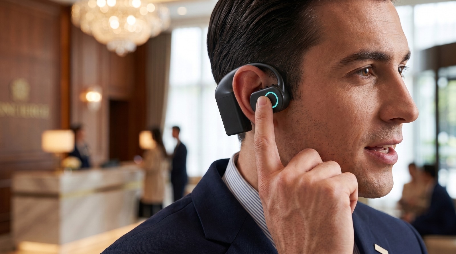 A concierge in a hotel lobby wearing the QuickComm Earpiece over one ear, the status ring lit on the outer face of the device