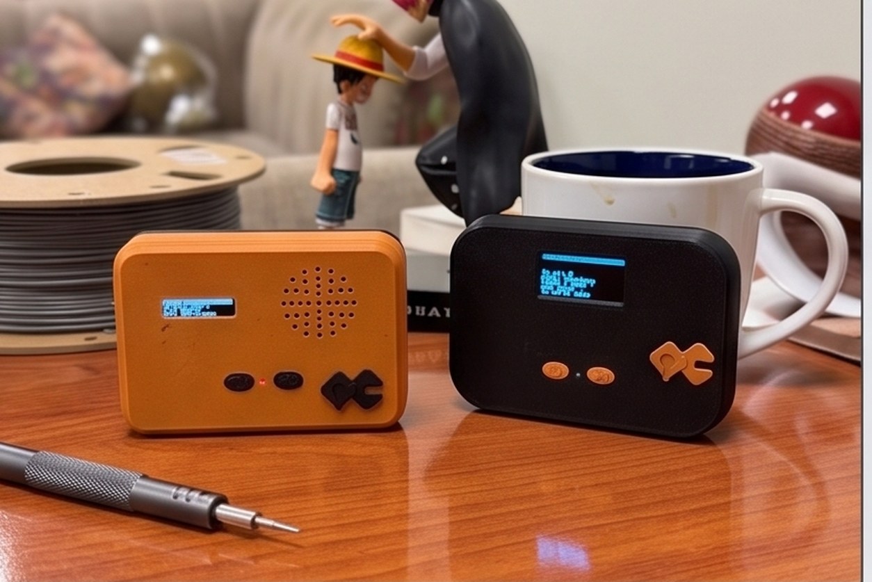 Two QuickComm Table Top units on a wooden desk, one orange and one black, each with its status display lit