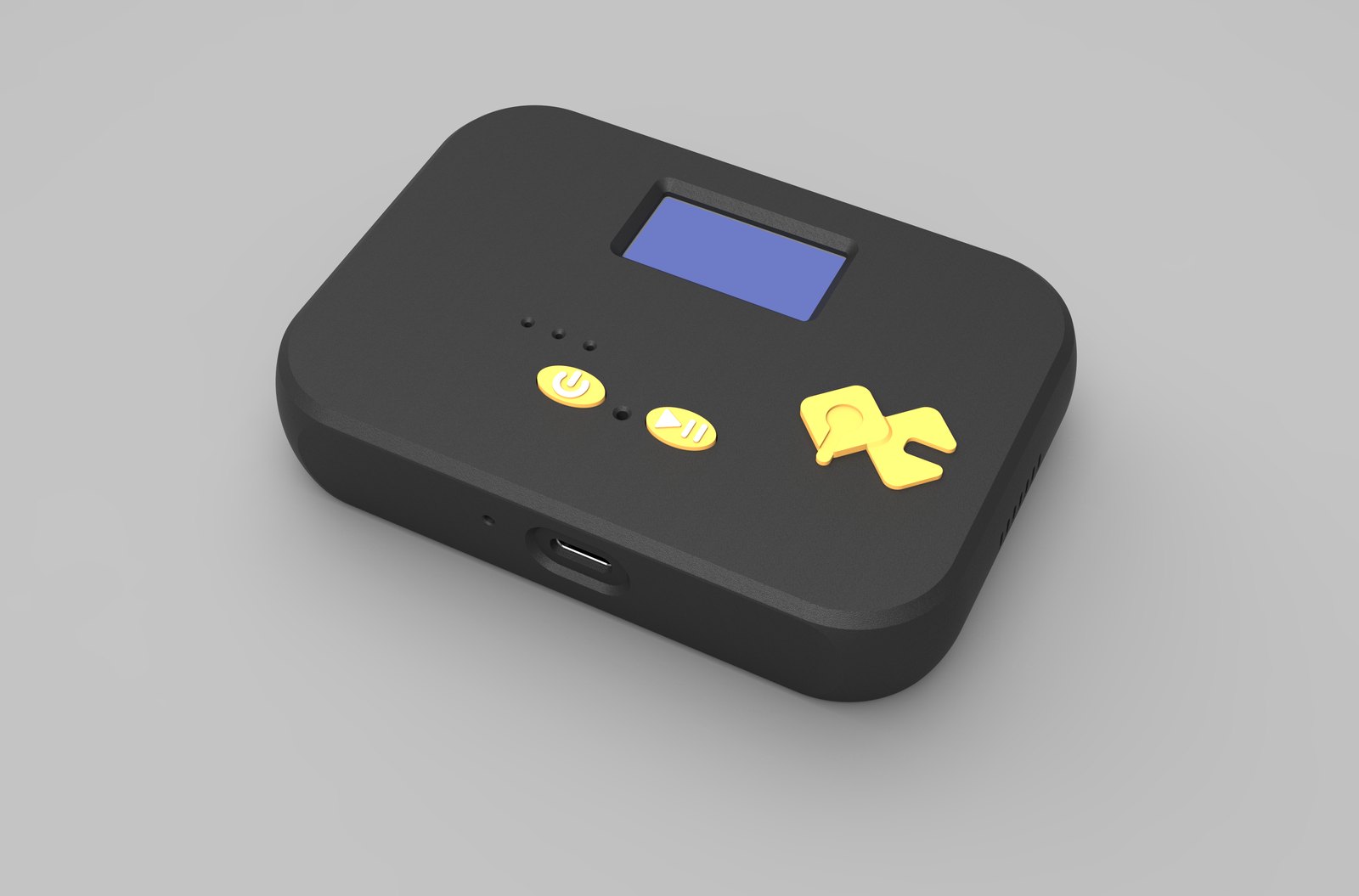 Studio render of the QuickComm Table Top, three-quarter view: recessed status display, two buttons with status LEDs, embossed logo, and the USB-C port on the front edge