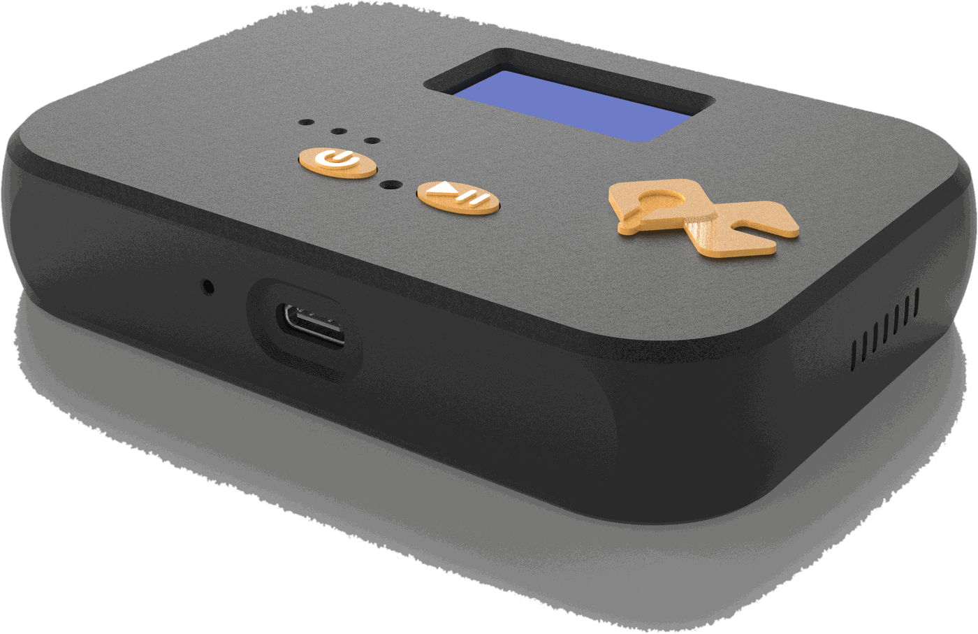 Low three-quarter studio render of the QuickComm Table Top, showing the USB-C port and the speaker vents along the side