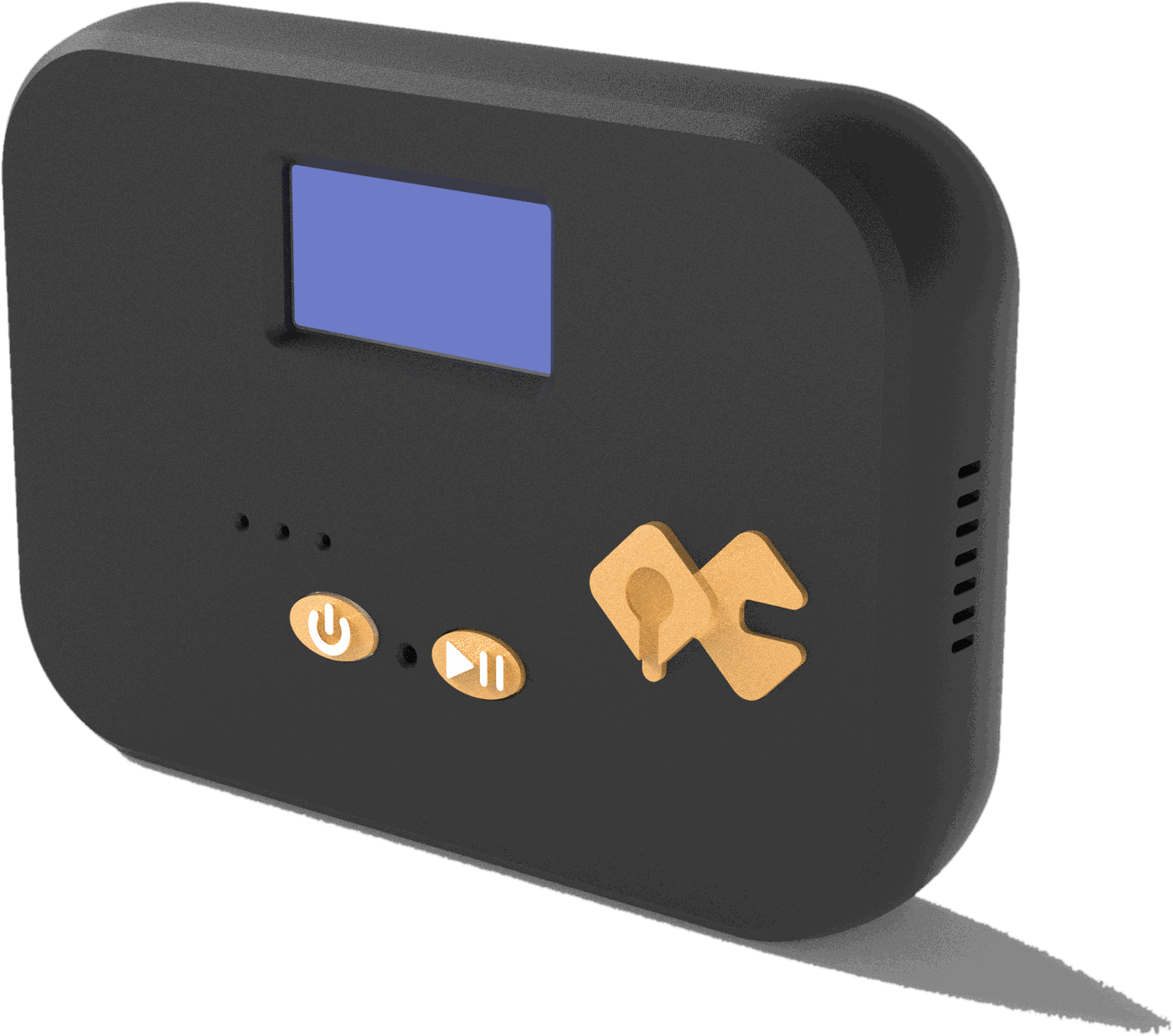 The QuickComm Table Top standing upright, face on: status display at the top, buttons and embossed logo below