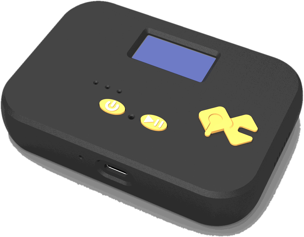 Studio render of the QuickComm Table Top, three-quarter view: recessed status display, two buttons with status LEDs, embossed logo, and the USB-C port on the front edge